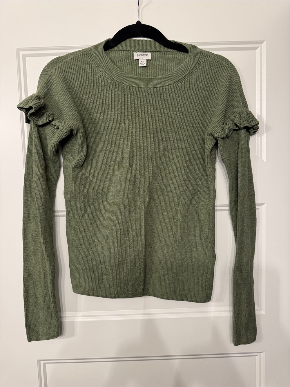 J. Crew Olive Green Ruffle-Shoulder Knit Sweater
